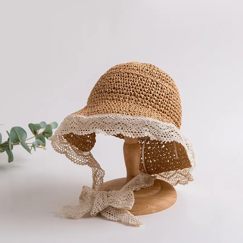 Womens Summer Lace Ribbon Straw Panama Hat Anti-UV Woven Cap with Ponytail Holder Sunshade Beach Outdoor Visor 250516