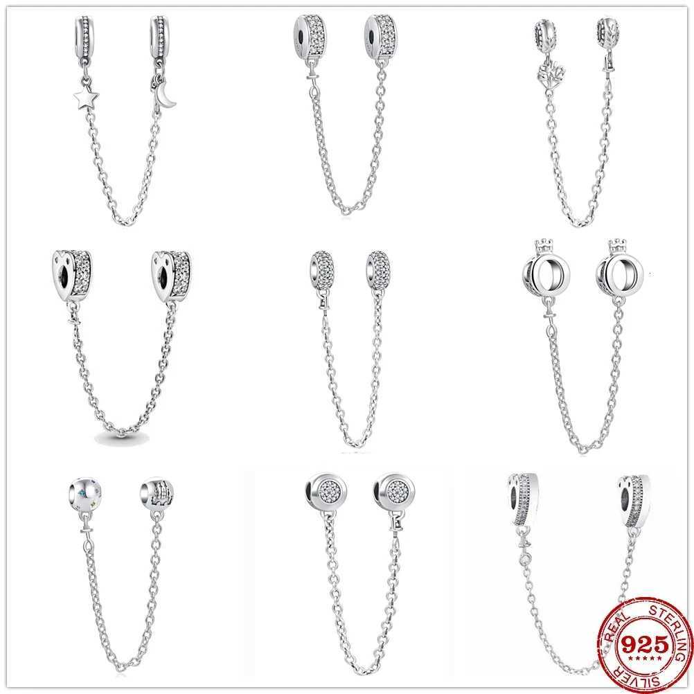 New 925 Silver Sparkling Sparkle Star Moon Safety Chain Charm Bead Fit Original Pendant Bracelet Pendant DIY Jewelry For WomenXJ250517