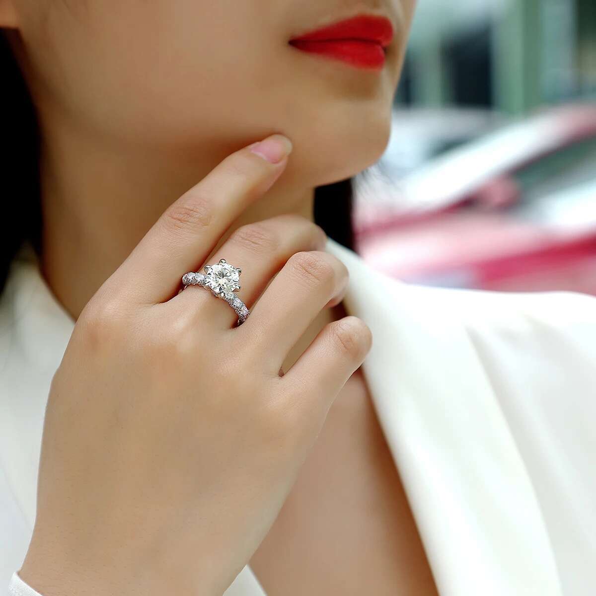 JIUZUAN 1/2/3 Carat Womens Engagement Ring Round Cut Moissanite Ring 925 Sterling Silver Classic Wedding Anniversary Ring
