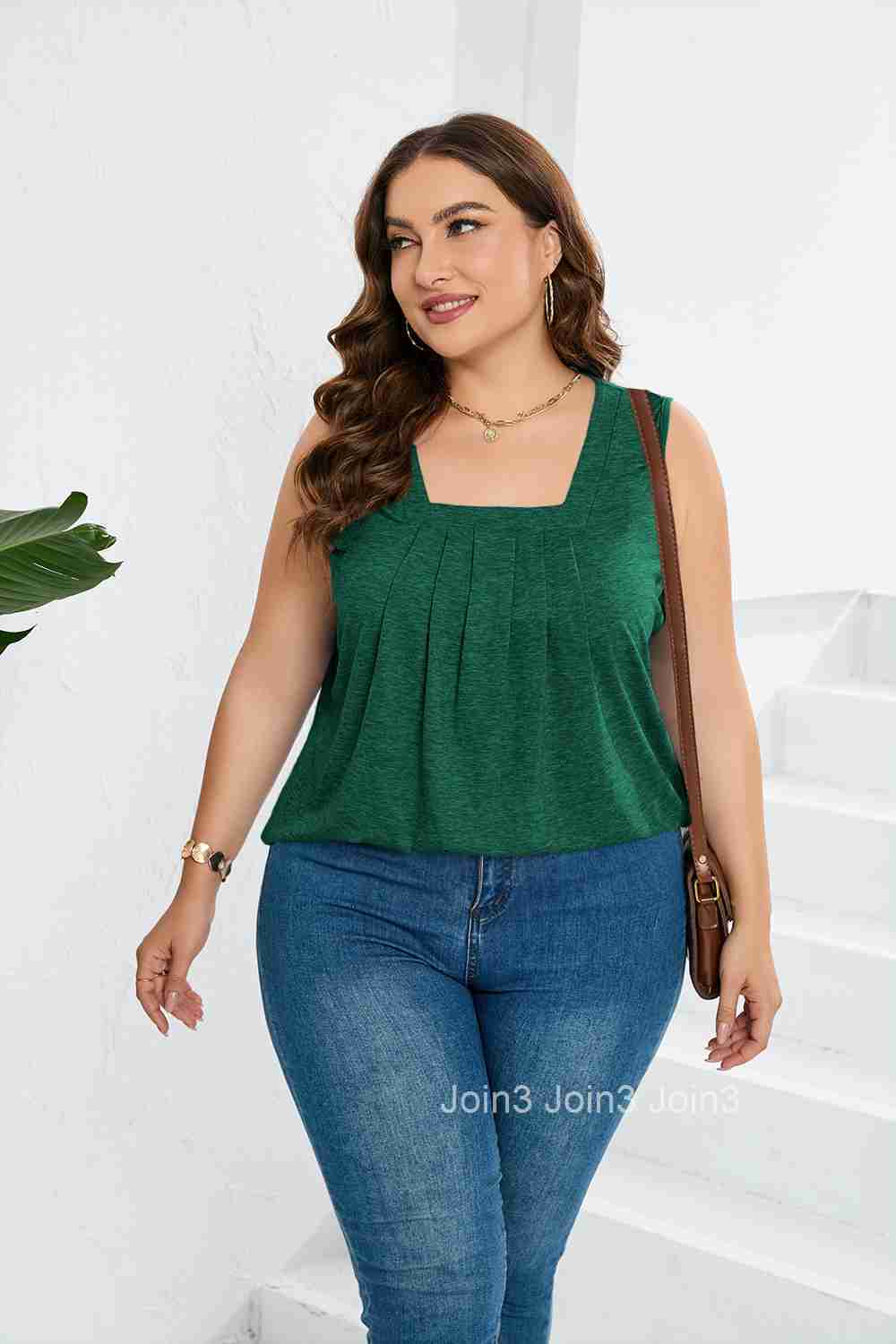 Summer New Solid Pleated Square Neck Loose T-shirt Tank Top Women