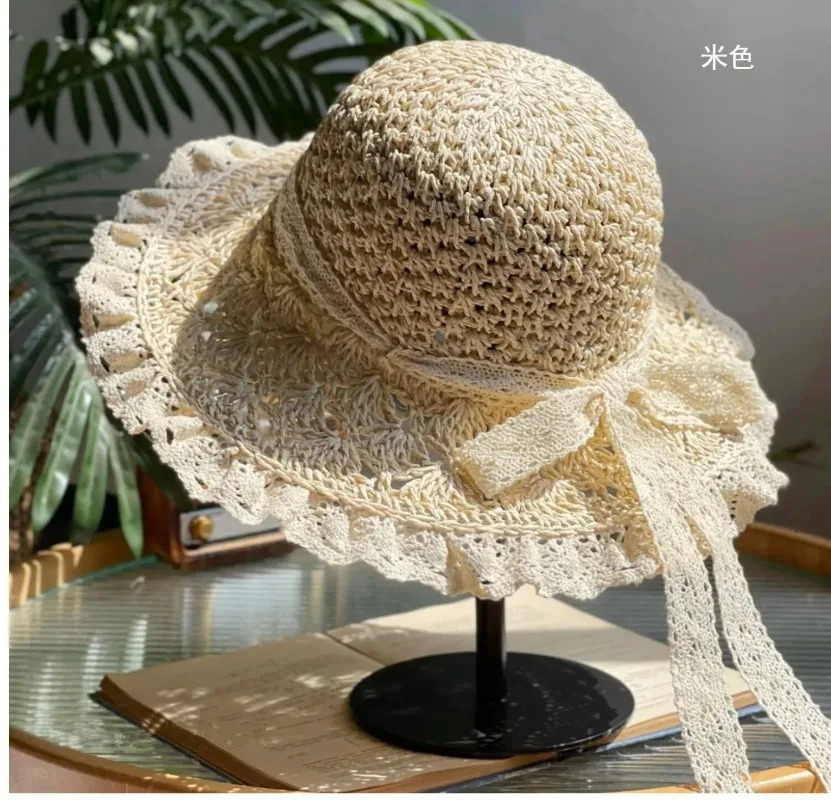Summer Foldable Lace Edge Straw Hat for Womens Handwoven Cute Bow Sunshade Hat for Vacation Beach Hat 2025 250516