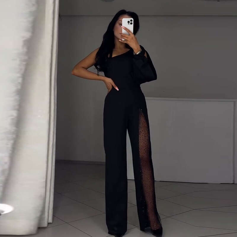 Wide Leg Jumpsuit Autumn New Women S Slant Neck Design With Perspective Mesh Splicing Jumpsuit