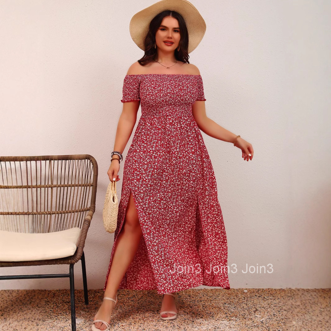 Womens Large Casual Bohemian Print Off Shoulder Herringbone Neck Split Dress Long Small Floral Skirt