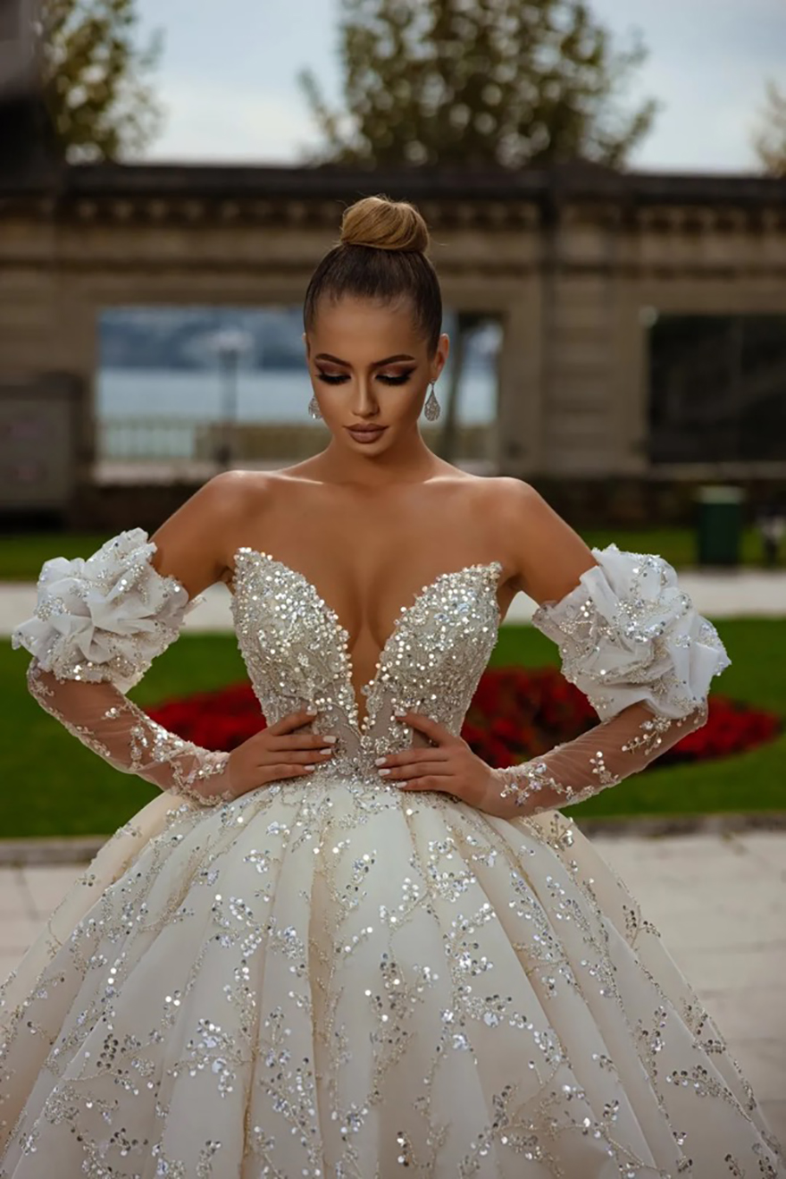 Stunning Beading sequined Pearls Sweetheart Ball Gown Wedding Dress Delicate Appliques Lace Off Shoulder Puff Sleeves Bridal Gowns 2025