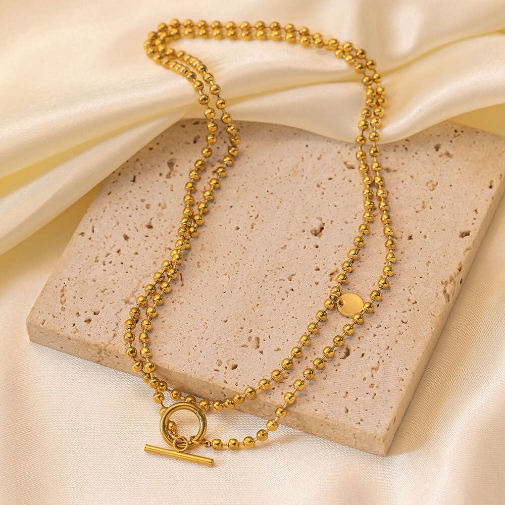 Medium to long sweater with stainless steel gold-plated overlay and OT buckle necklace, trendy women's collarbone chain