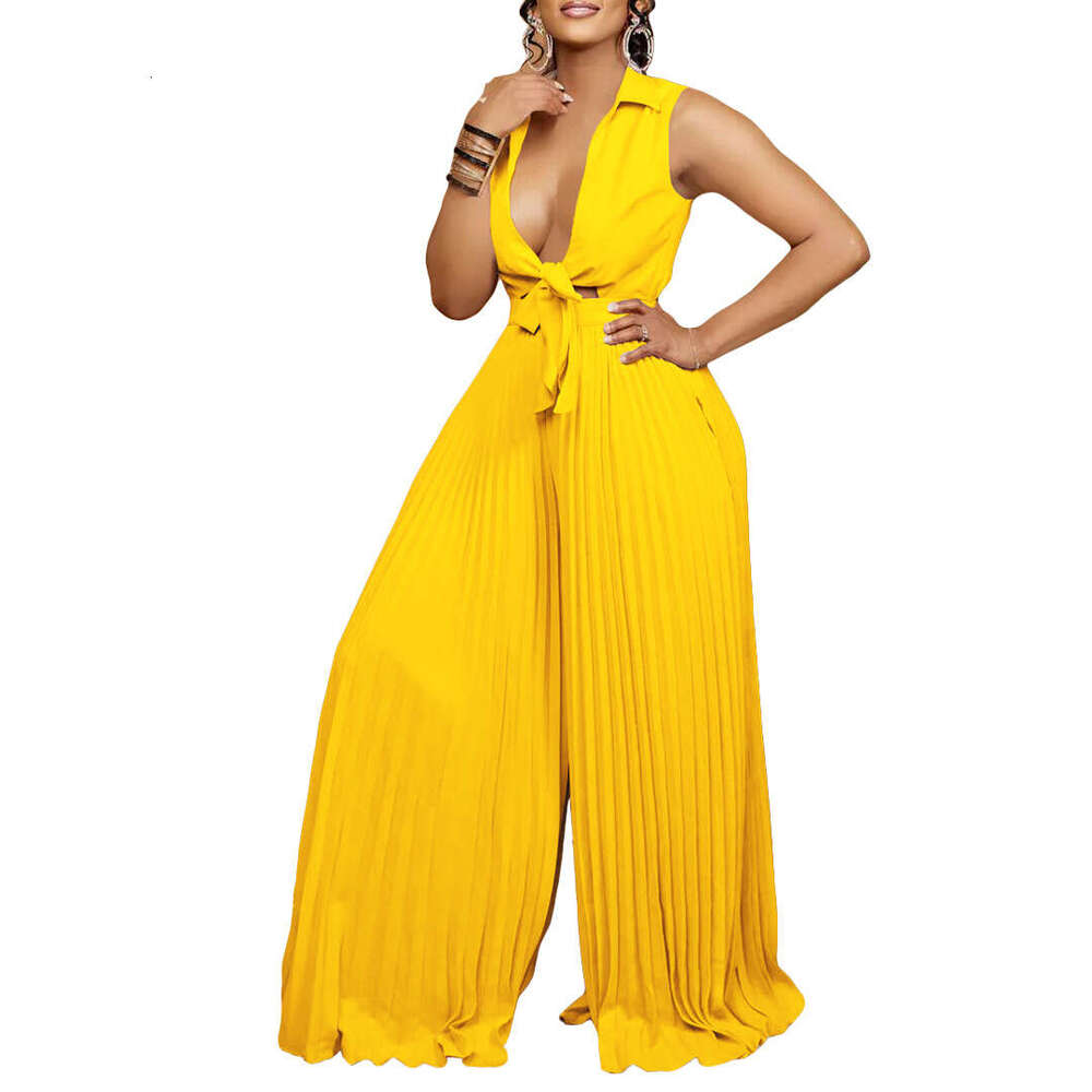 Wide Leg Jumpsuit C Women S Summer New Fashion V Neck Long Sleeved Lapel Loose Pleated Wide Leg Jumpsuit