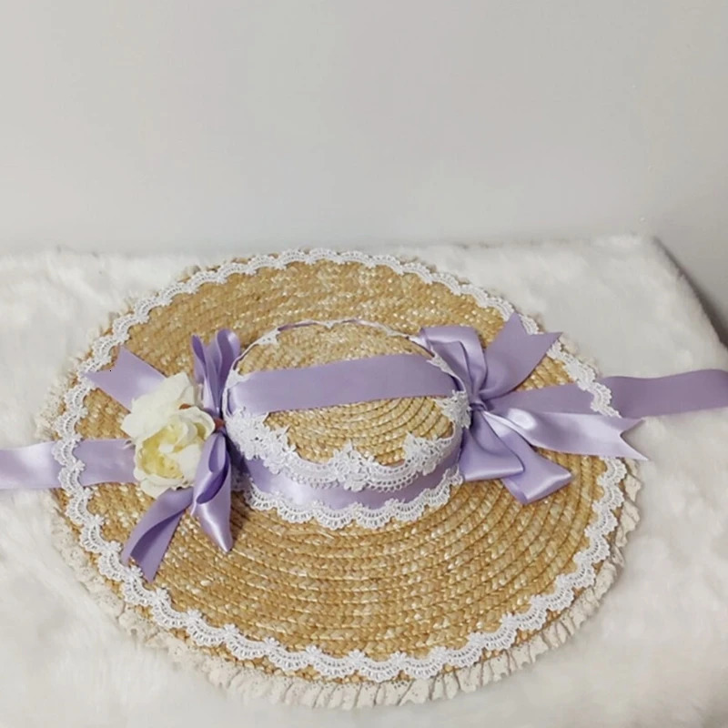 Japanese Lolita Sweet Handmade Straw Sun Hat Lace Patchwork Ribbon Bandage Bowknot Wide Brim Elegant Tea Party Beach Flat D0LF 250516