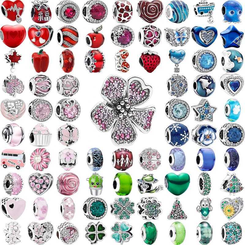 New Fine Charm Hearts Flower Red Blue Green Pink Murano Glass Beads Fit Original 925 Silver Bracelet DIY Women Jewelry AccoryXJ250517