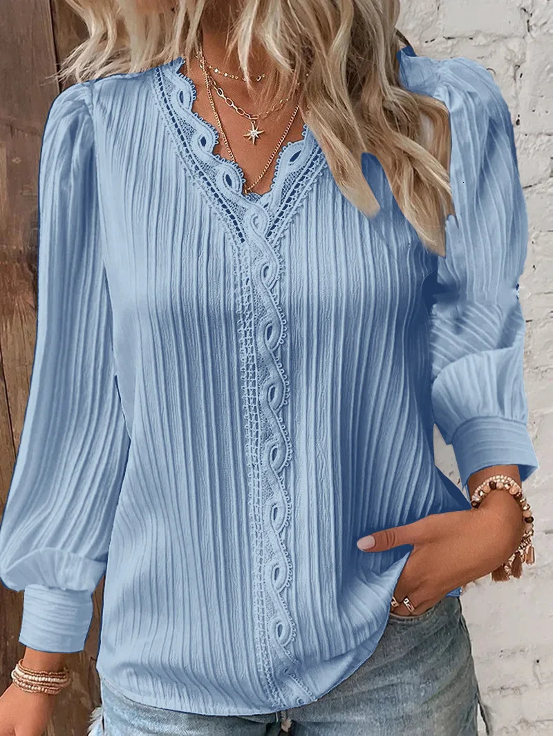 Elegant Summer Hollow Lace Patchwork Women Shirt Chic Blouse V Neck Long Sleeve Shirt Plain Lace Casual Basic Regular Tops 250517