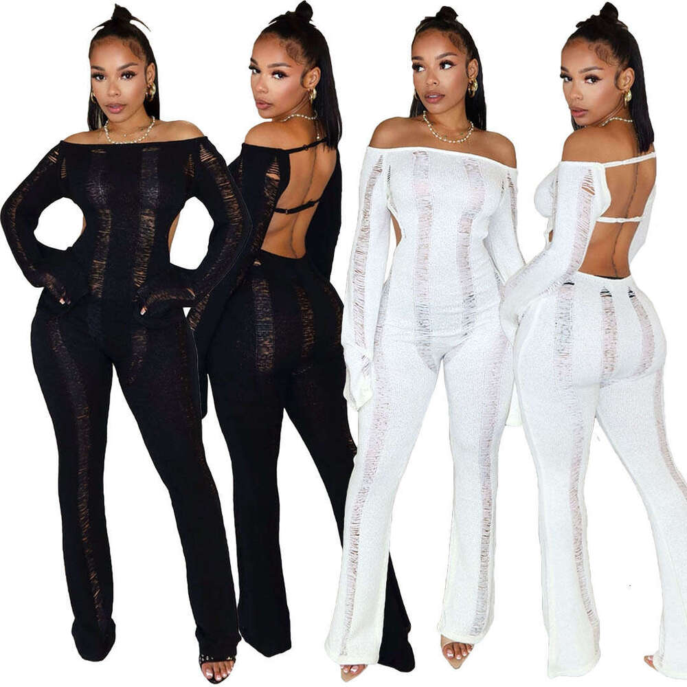 Wide Leg Jumpsuit S Women S Fashion Casual Hollow Hole Open Back Knitted Wrap Hip Slim Fit Jumpsuit