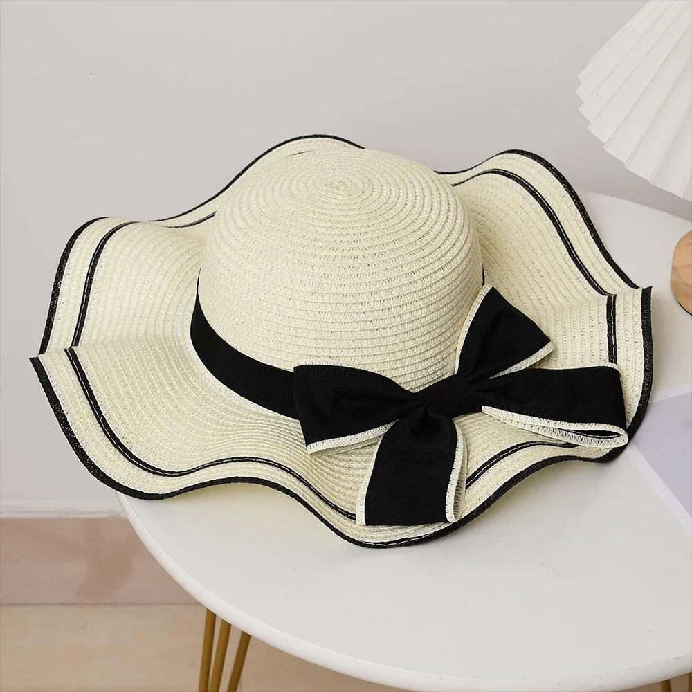 Summer Bow Lace Edge Straw Hat for Womens Outdoor Vacation Fashion and Sunscreen Beach Hat Foldable 250516