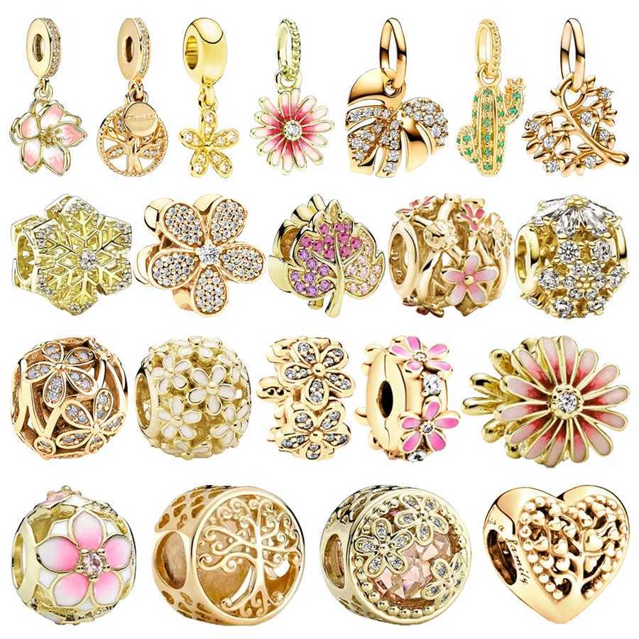 DIY Women Gold Daisy Snowflake Cactus Family Tree Cherry Charm Beads Fit Original 925 Sterling Silver Bracelet Jewelry GiftXJ250517