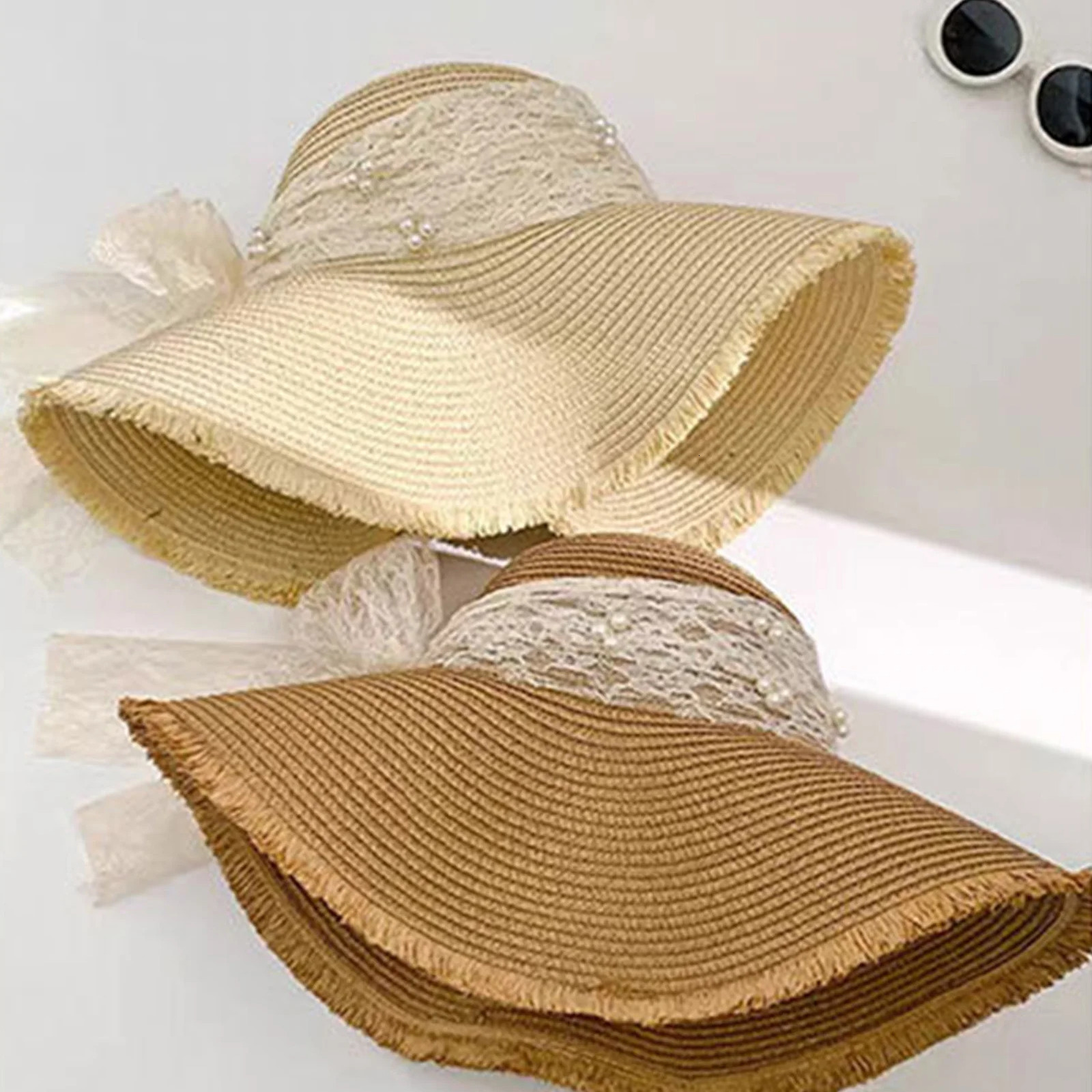 Wide Brim Summer Hat French Style Lace Straw Hat with Bowknot Elegant Women Straw Hat for Summer Beach Traveling Hiking 250516
