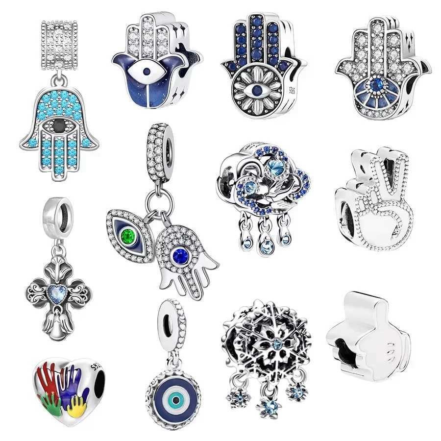 Sparkling Evil Eye On Hand Protective Hamsa Dangle Cross Bead Fit Original Europeans 925 Sterling Silver Bracelet Charms JewelryXJ250517