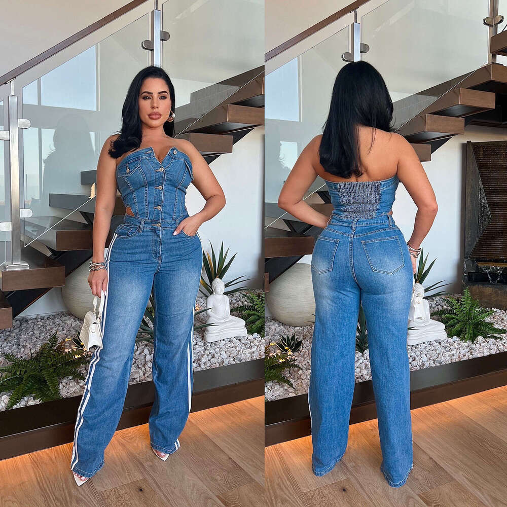 Wide Leg Jumpsuit Women S Strapless One Shoulder Slim Fit Straight Wide Leg Denim Jumpsuit