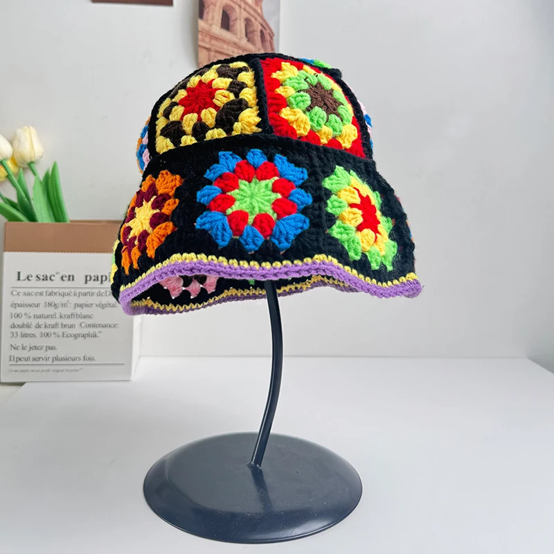 Handmade Crochet Bucket Hat Women Autumn Winter Flower Knit Beanies INS Korean Casual Beanies Panama Cap Fisherman Hat 250516