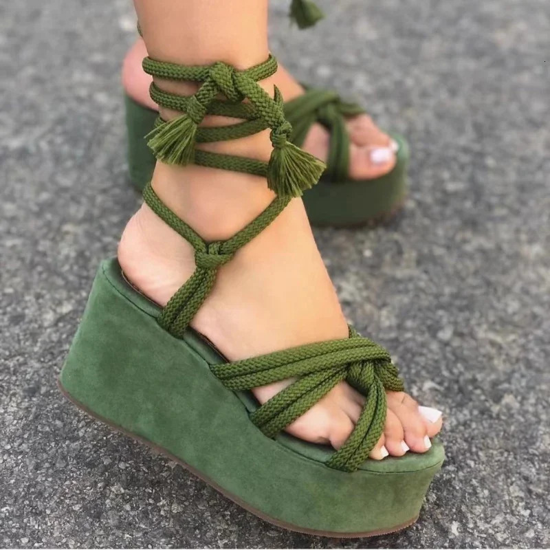 Platform Wedge Strappy Sandals Women Fashion Round Toe Cross Tied Height Increase Open Toe Women Sandals 250515
