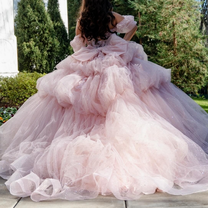 Pink Quinceanera Dresses Off Shoulder Ball Gown Sweet 16 Dress Applique Beads Bow Tull Birthday Party Vestidos 15 Anos