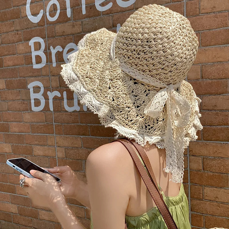 Straw Hat For Women Summer Handmade Weave Hollow Lace Up Anti-UV Beach Cap Foldable Large Brim Panama Bucket Fashion Sun Hat 250516