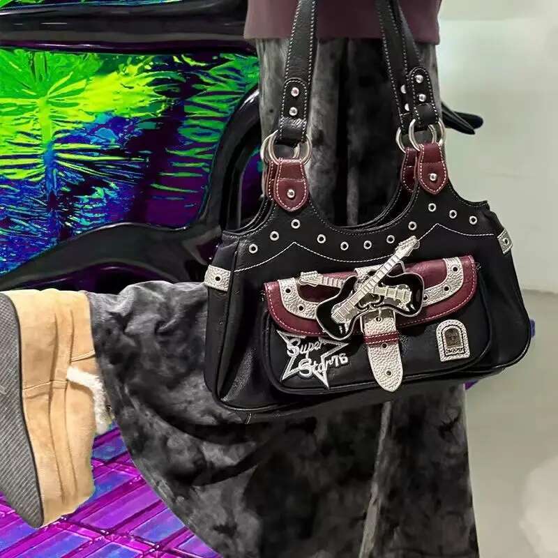 Gothic Punk Y2k One Shoulder Tote Haruku Aesthetic Leather Patchwork Casual Handbag Female Vintage Black Bags