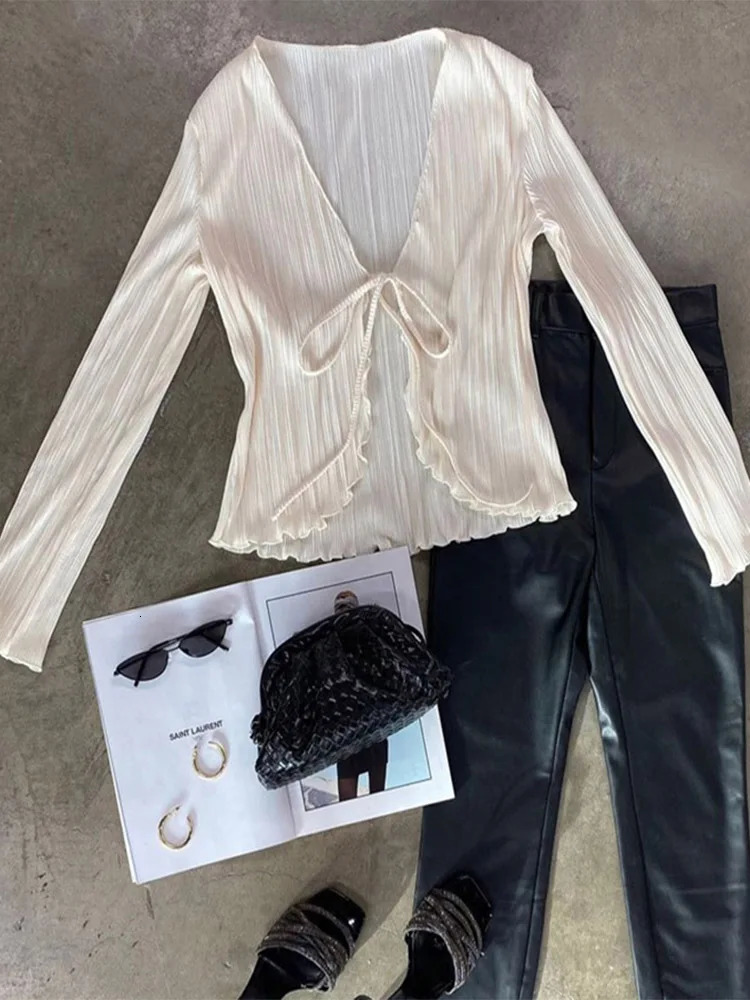 2025 Women Pleated Plain Shirts Spring Fall Chic Long Flare Sleeve V- Neck Tie Up Cardigans Tops for Casual Party Street 250517