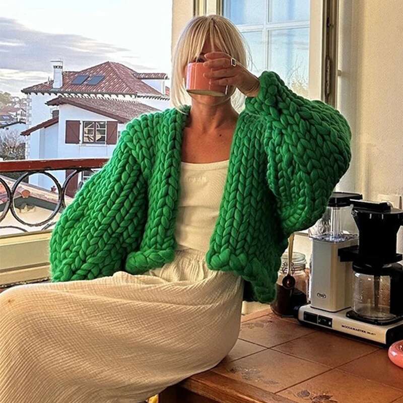 Chic Casual Coarse Noodle Cardigan Lantern Sleeve V Neck Sweater 2025 New Lady Commuter Winter Spring Knit Outerwear Designer