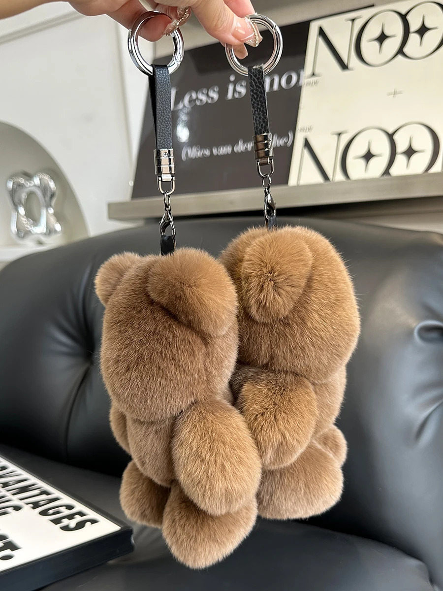 Fashion Cute Bear Keychain Real Rabbit Fur Bear Doll Pendant Toys Keyring Handbag Charm Ornament Plush Jewelry Gifts 250515