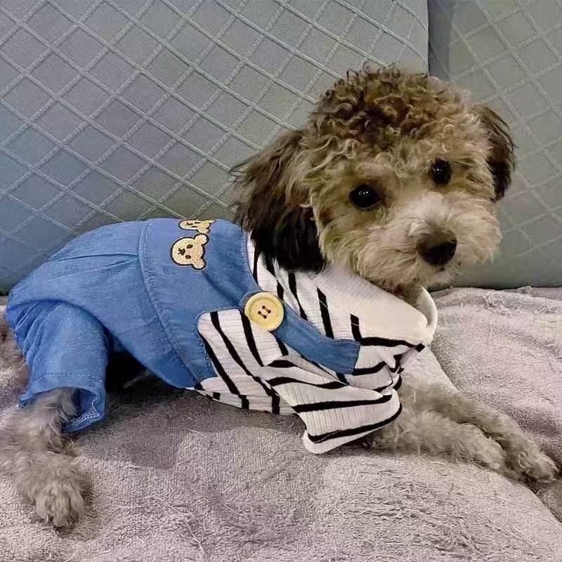 T00219 Pet dog clothes spring and summer clothes can be towed denim clothes summer thin small dog Teddy Bichon Pomeranian vest