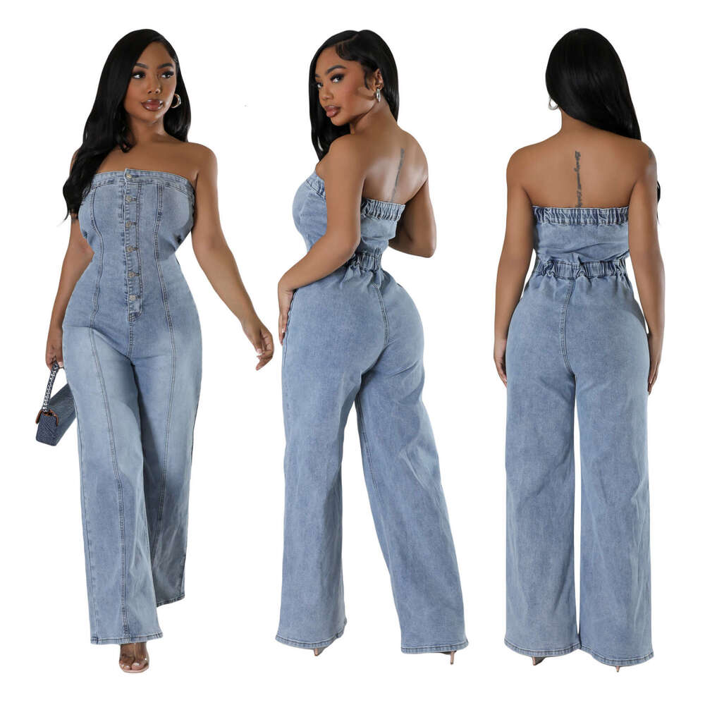 Wide Leg Jumpsuit Cowboy Women New Slim Fit Strapless Wide Leg Pants Washed Elastic Jumpsuit