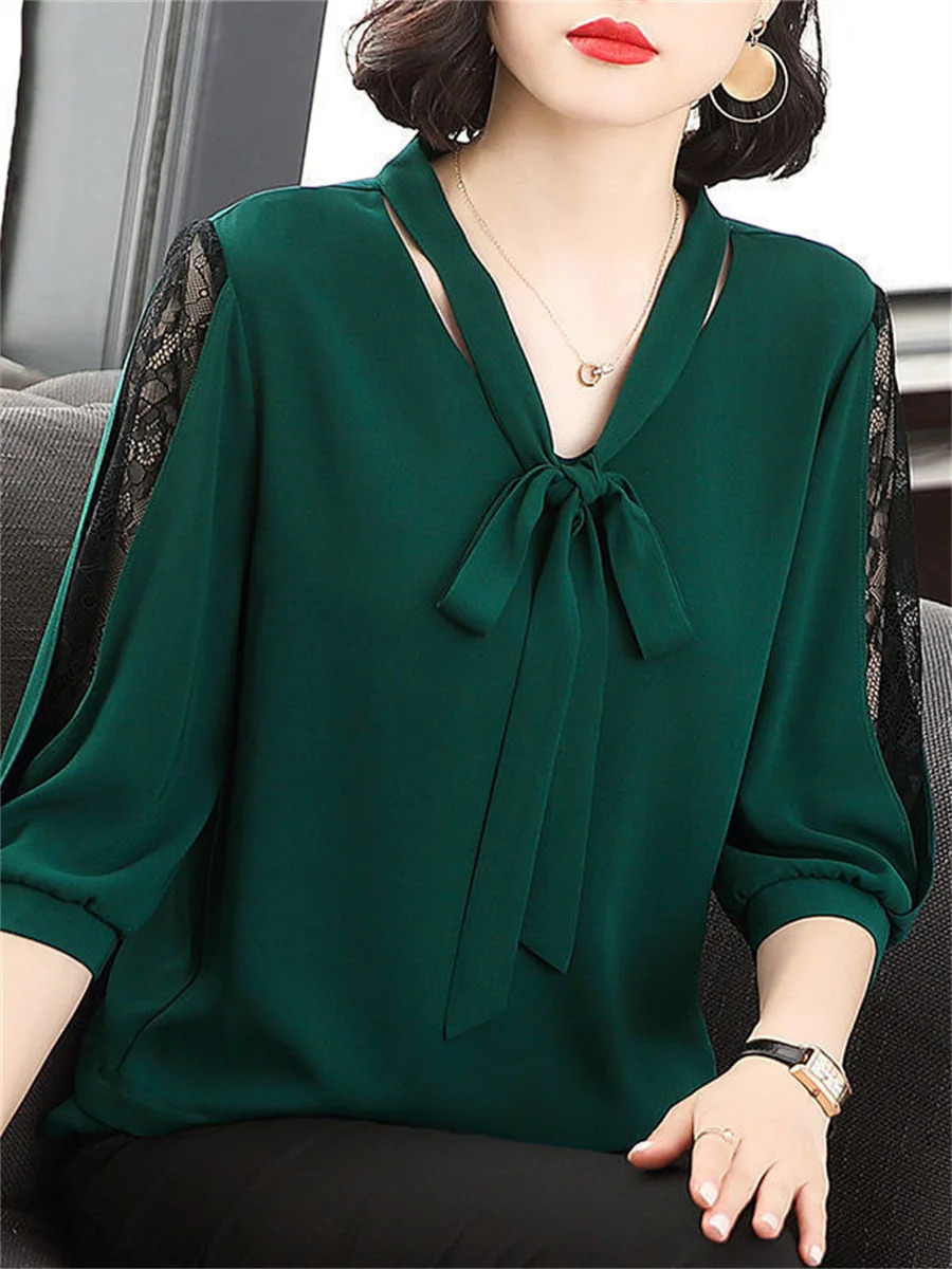 Women Spring Summer Style Blouses Tops Lady Casual Bow Tie Colloar Half Lace Sleeve Loose Blusas Tops DF4275 250517
