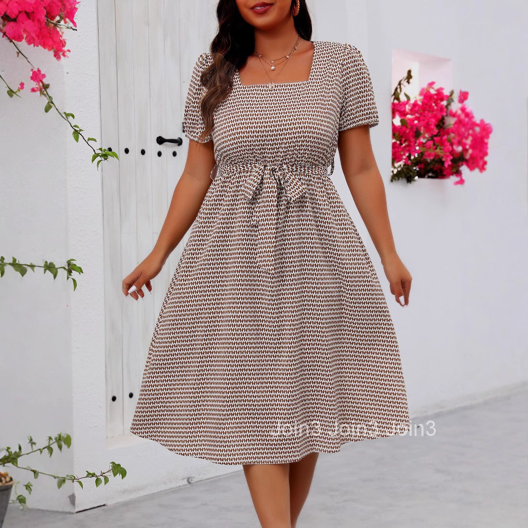 Large Size Womens Elegant Temperament Square Collar Lace Up Small Grid Large Swing Dress
