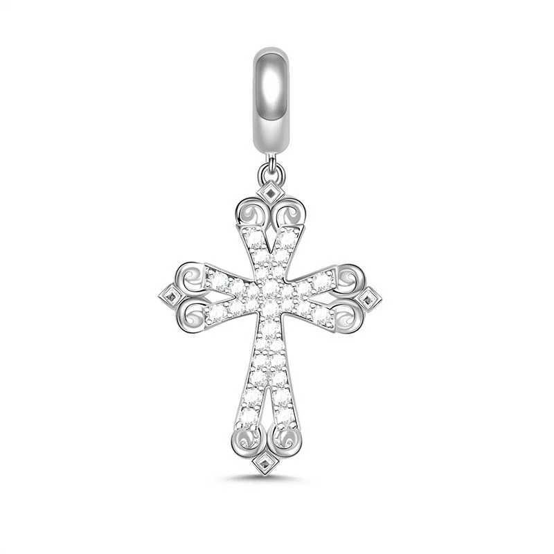 Hot Sparkling Cross Heart Double Dangle Charm Beads Fit Original 925 Sterling Silver Bracelet DIY Fashion Jewelry GiftXJ250517