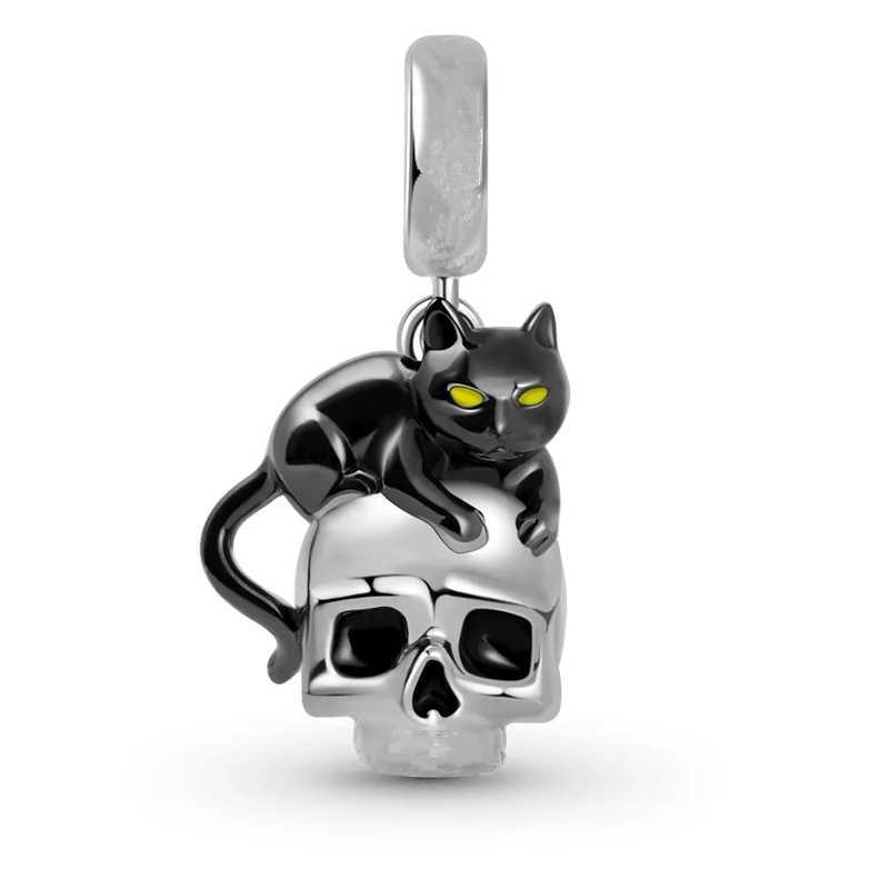 Sparkling Black Cats Skull Pendant Sterry Skull Charm Beads Fit Original European 925 Silver Bracelet DIY Women JewelryXJ250517