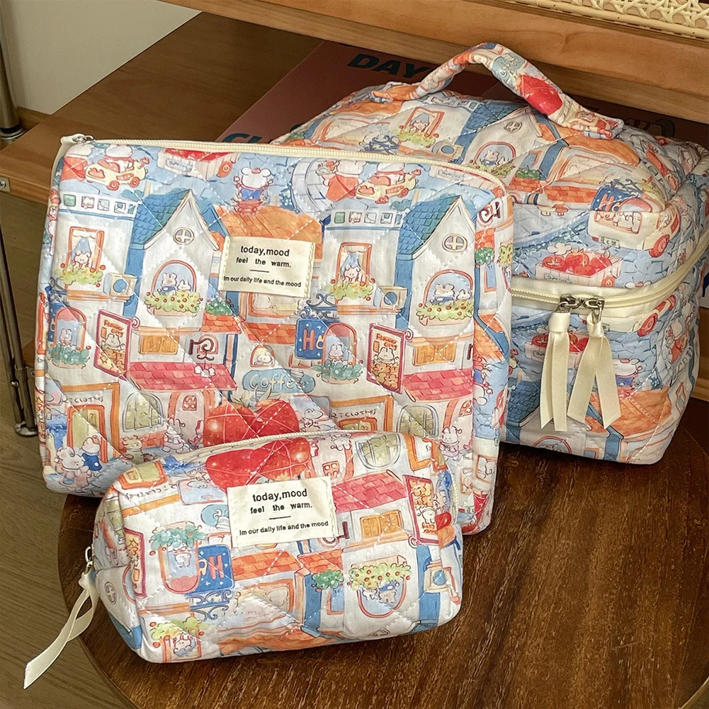 Aesthetic Cartoon Cosmetic Bag Quilted Makeup Bags Little Rabbit Pattern Toiletry Bag Large Capacity Travel Skincare Storage Bag 250514