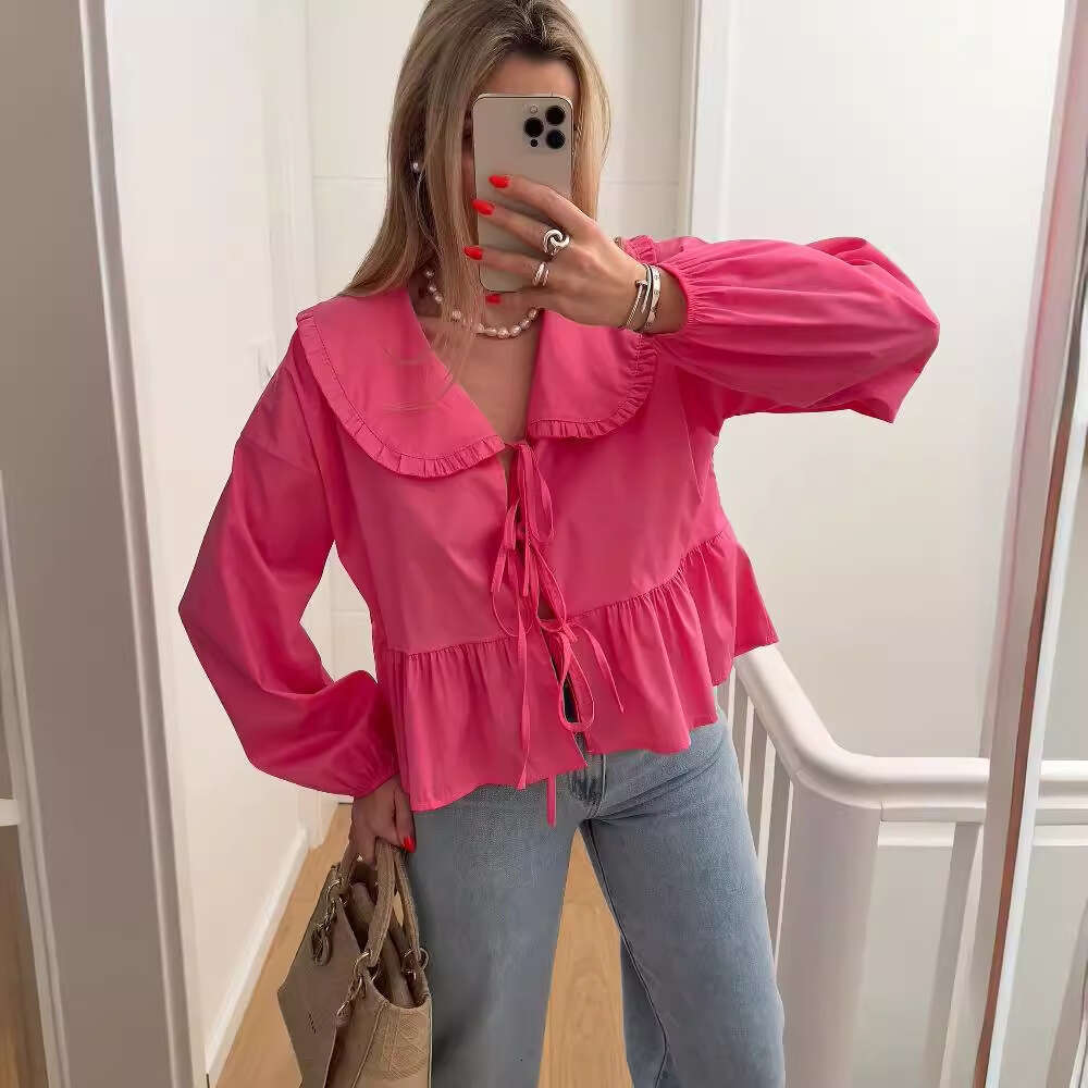 Wind Summer New Fashionable Casual Versatile 3-Color Doll Collar Lace Shirt Top B5