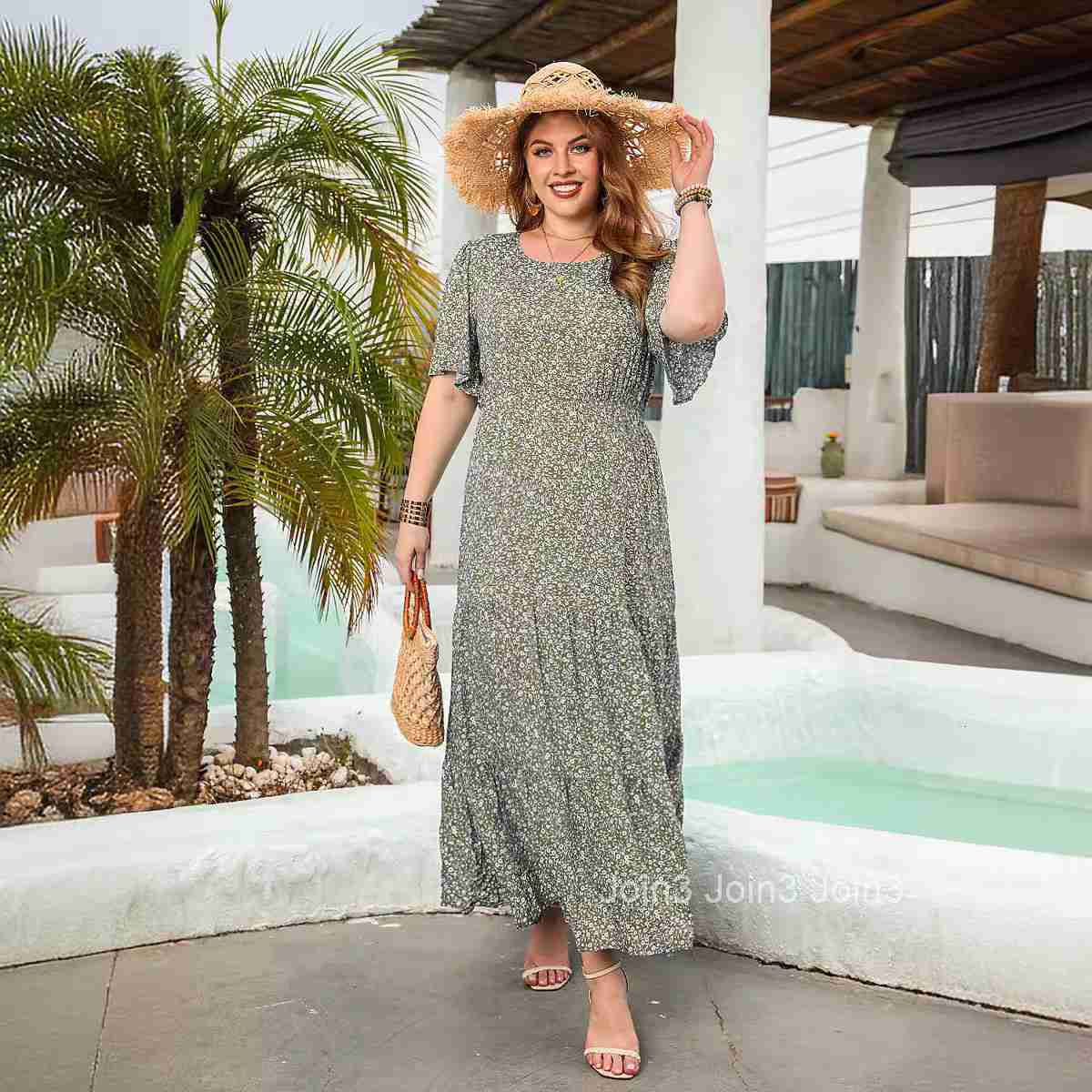 New Fragmented Flower Leisure Holiday Dress Round Neck Short Sleeve Large Swing Mid Length Dress Large Size Womens Wear