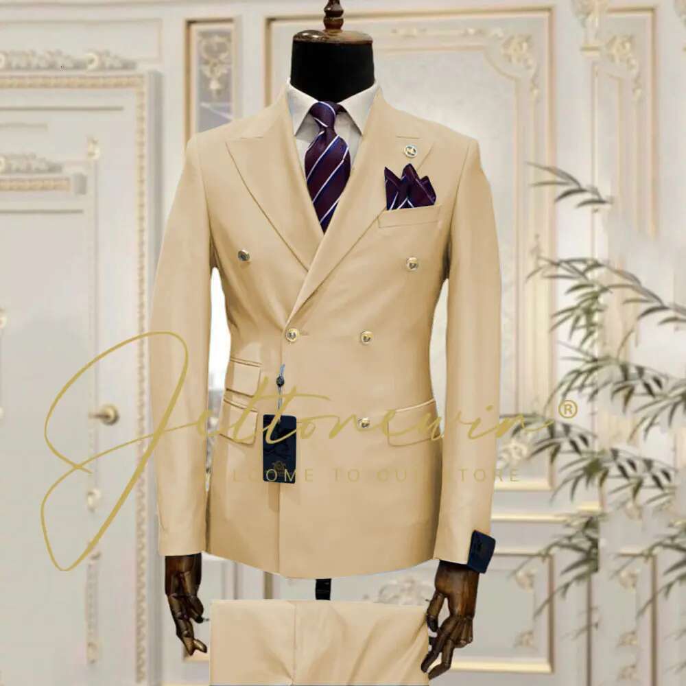 Slim Fit Male Suits 2 Pieces Peak Lapel Double Breasted Wedding Tuxedos Groom Business Wear Best Man (Blazer+Vest) Costume Homme Designer