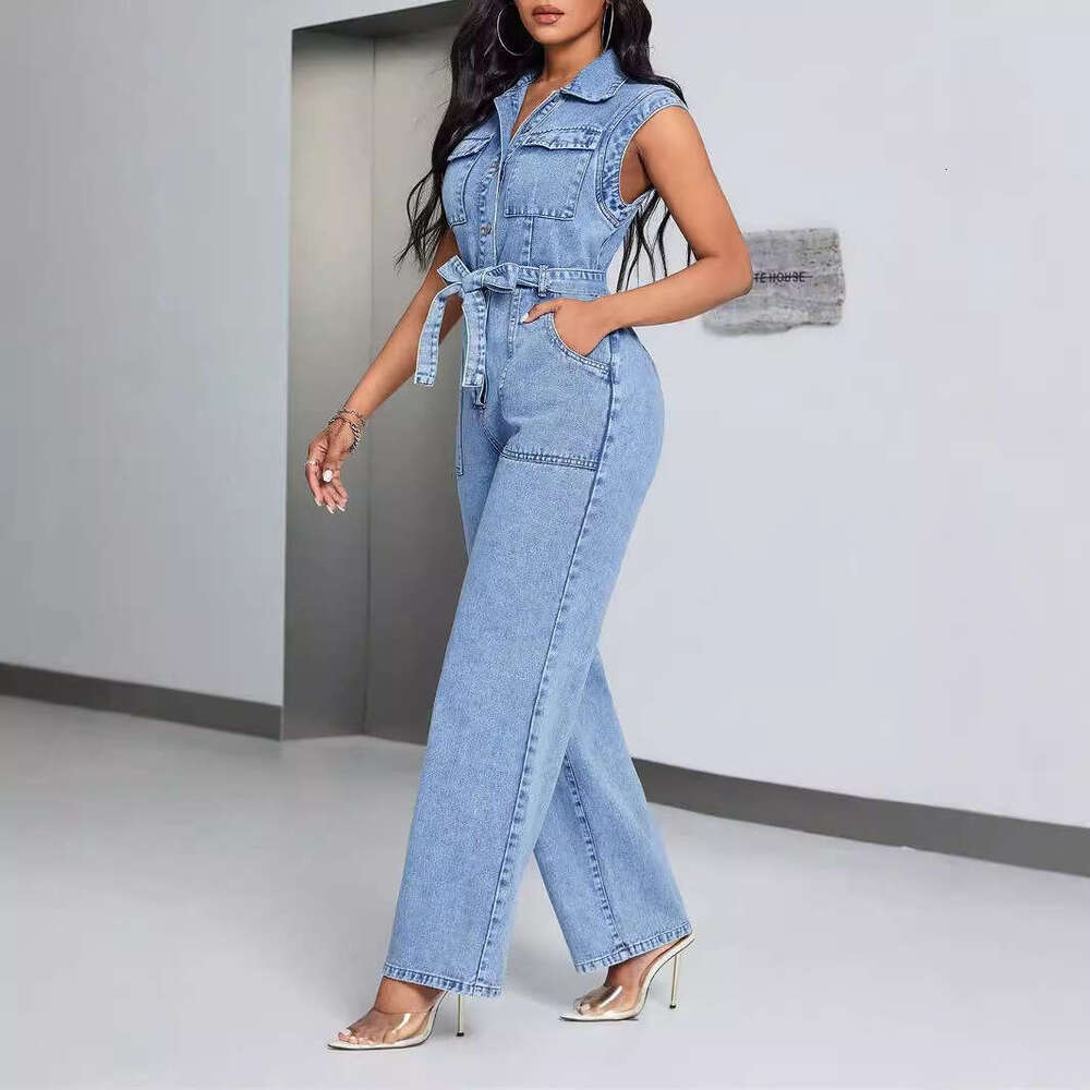 Wide Leg Jumpsuit New Women S Slim Fit Waist Cinching Lace Up Fashionable Patchwork Washed Sleeveless Denim Jumpsuit Pants