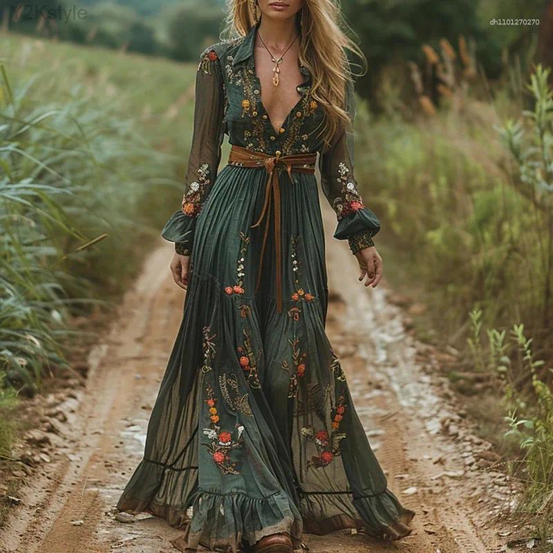 Casual Dresses Vintage Pattern Printed High Waist Robe Dress Women V-neck Pleated Bohemian 2025 Autumn Long Sleeved