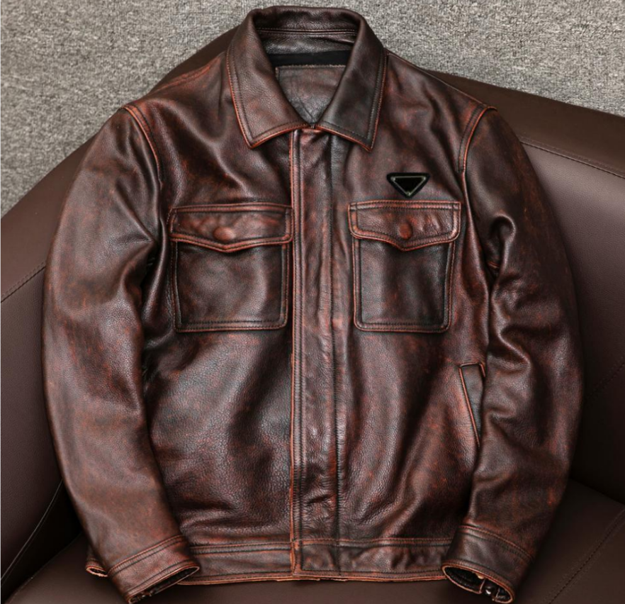 Male Leather jacket Coats Outwear Black Wide Shoulders Mens Leather jacket Jacket Plaid Overcoat Vintage Worn Casual Winter Outerwear High Quality