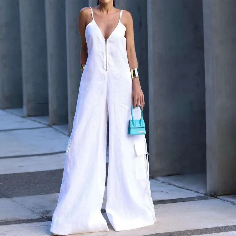 Wide Leg Jumpsuit Summer New Women S Solid Color Zipper Loose Wide Leg Strap Jumpsuit Pants