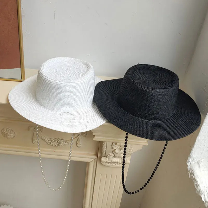 Summer Hepburn Style Pearl Chain Vintage Concave Top n Straw Hat For Women Girls Beach Holiday Sun Caps Fashion Fedora 250517