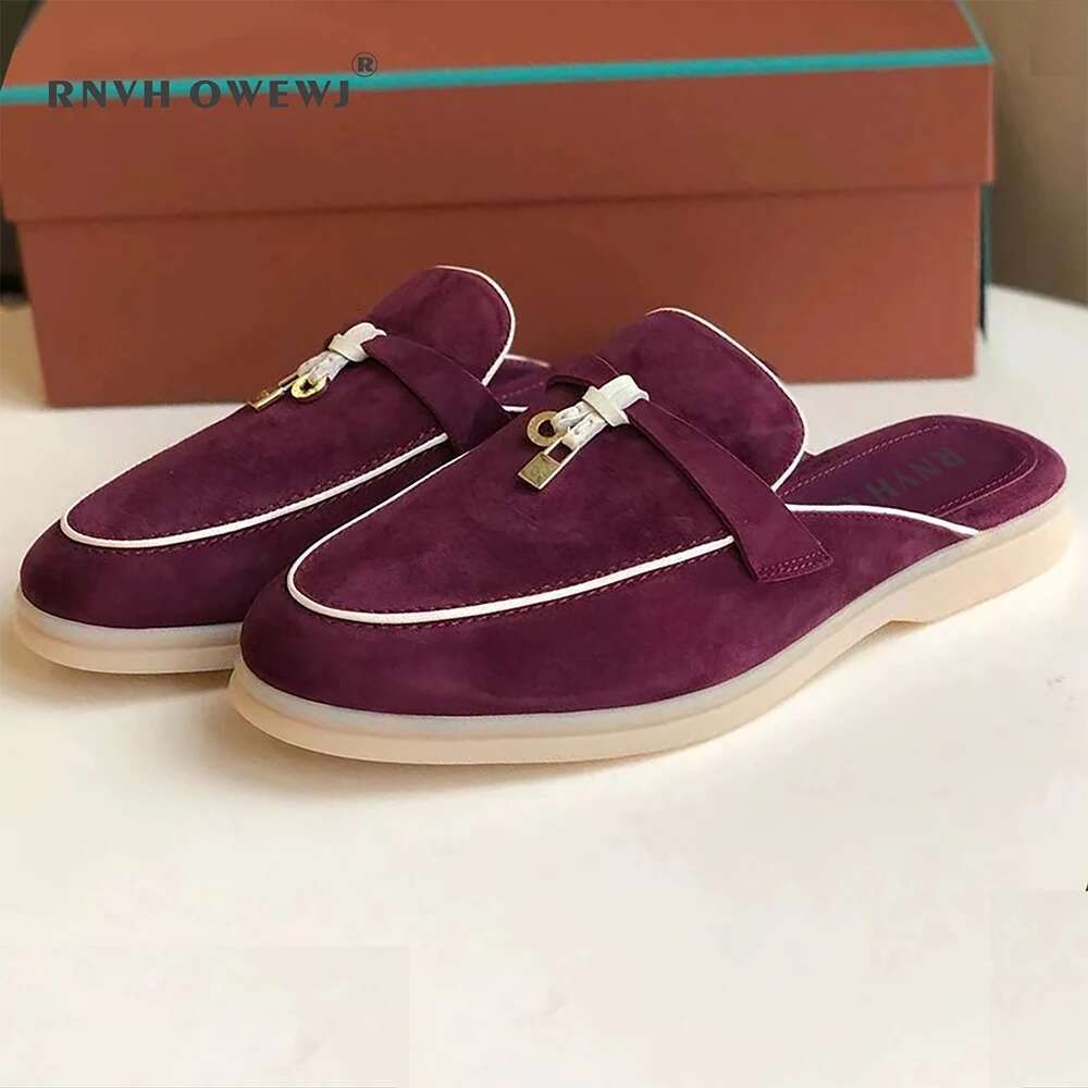 2025 Women's Flat Loafer Summer Top Quality Suede Leather Tassel Metal Buckle Slipper Mules Comfortable Slip on Shoes