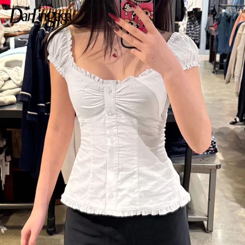 Darlingaga Korean Fashion Edible Tree Fungus Edge Shirts Womens Skinny With Botton Puff Sleeve Blouse Summer Cutecore Tops 250516