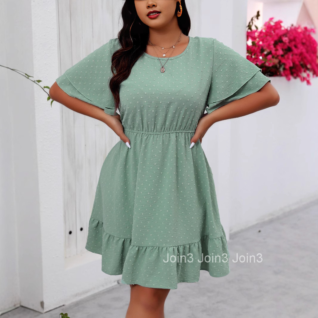 Large Casual Small Ball Round Neck Double Layered Lotus Leaf Sleeve Dress