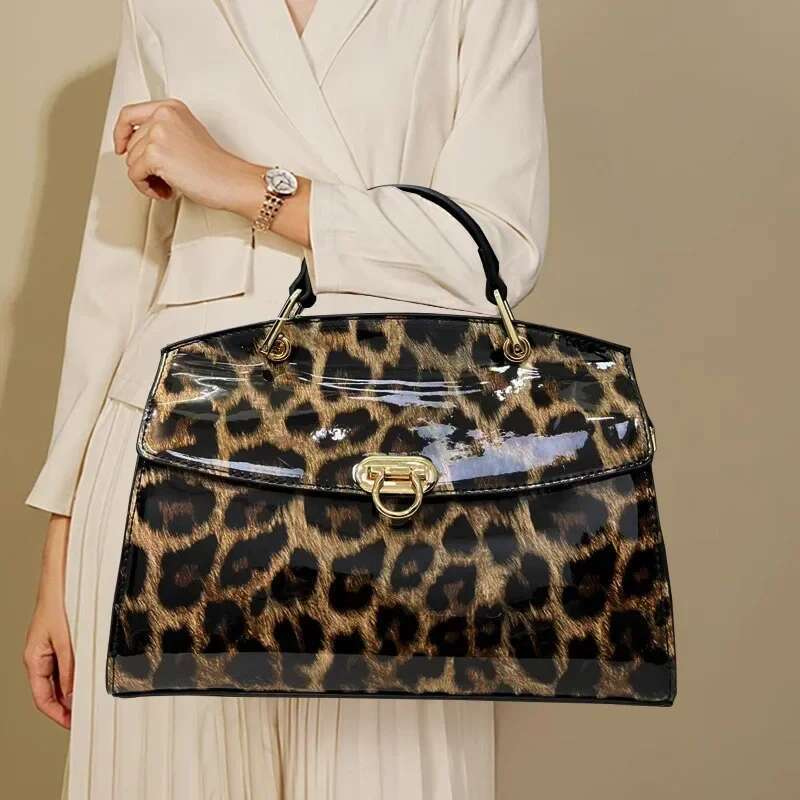 Ladies' fashionable personalized leopard print tote with large capacity and bright surface, elegant flip shoulder bag