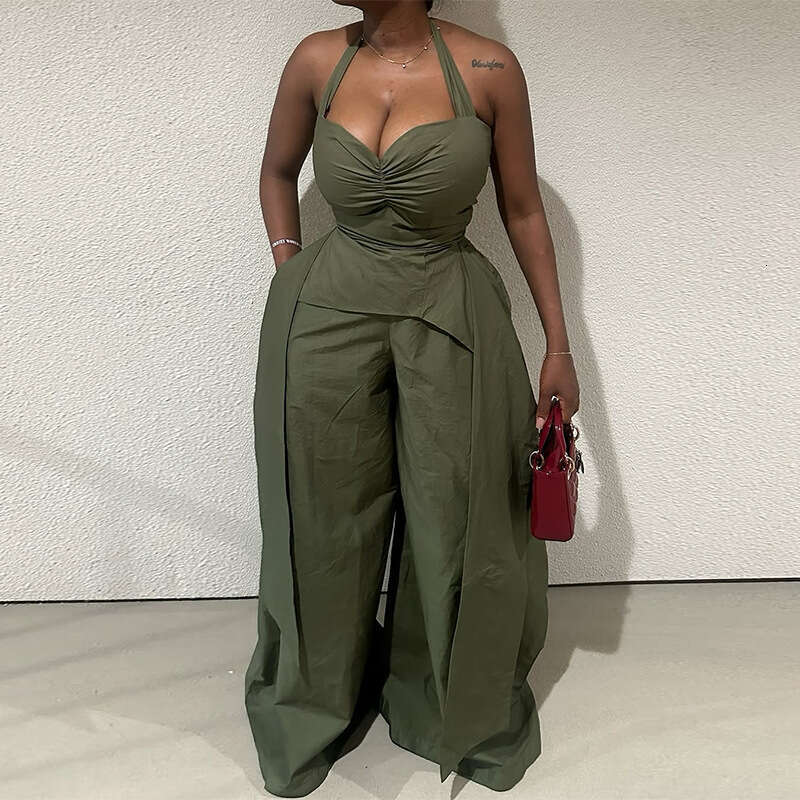 Wide Leg Jumpsuit Women S Summer Sexy Hanging Neck V Neck Irregular Sleeveless High Waisted Ribbon Jumpsuit Pants