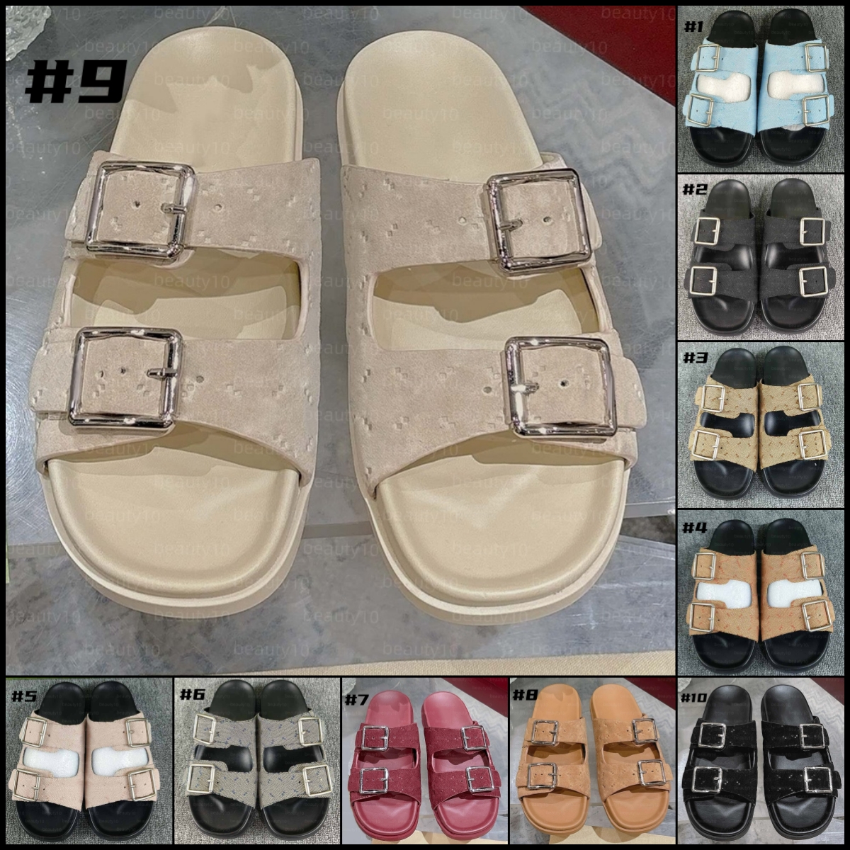 (Order by pic in opt, not by desc) Designer sandals slippers Summer Flats Sexy real leather platform Shoes Ladies Beach Stylish Slides 2 Straps with Adjusted Buckles