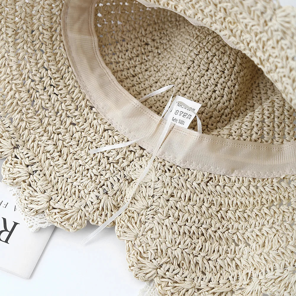 Lace Lace-up French Straw Hat Womens Summer Seaside Beach Sun Hat Foldable Large Brim Sun Protection Sunshade Hat Female 250516