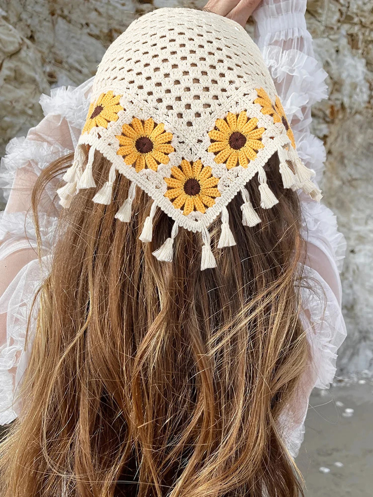 AWAYTR Manual Sunflower Headband Hair Scarf Bands for Women Party Headwear Knitted Bandana Turban Hairband Headpiece 250516